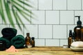 Spa background concept. Oil herb cosmetic, parfume and aroma salt for aromatherapy, massage, shower and relax