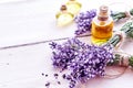 Spa background with lavender and essential oil Royalty Free Stock Photo