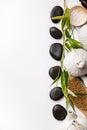 SPA background with massage compress balls, stones, sea salt, brush and teapot