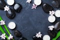 Spa background with massage pebble, green leaves, flowers and candles on black stone table top view. Aromatherapy, beauty.