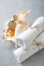 Spa background with natural cosmetics in a shell and white towels. Royalty Free Stock Photo