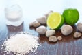 Spa Background. Sea Salt with Lime Stones and Candle . Body scru Royalty Free Stock Photo