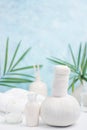 Spa background: thai massage bag, cosmetics, towels and palm leaves on blue background. Healthy lifestyle Royalty Free Stock Photo