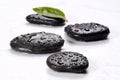 Spa basalt stones and green leaves with water drops Royalty Free Stock Photo