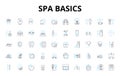 Spa basics linear icons set. Relaxation, Pampering, Massage, Soothing, Aromatherapy, Meditation, Skincare vector symbols Royalty Free Stock Photo