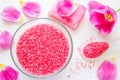 Spa bath salts with soap and flowers Royalty Free Stock Photo