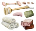 Spa bath set of watercolor illustrations, soap bars, face rose quartz massager. brush, towels and salt. Shower bundle Royalty Free Stock Photo