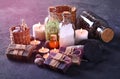 Spa and bathroom accessories: handmade soap, sea salt, aroma oils, candles and other products for spa treatments. Royalty Free Stock Photo