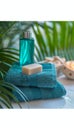 Spa bathroom ambiance with toiletries, soap, and towel on blurred white background