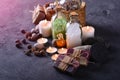 Spa and bathroom background with handmade soap, sea salt, candles and other products for spa Royalty Free Stock Photo