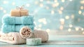 Spa bathroom essentials toiletries, soap, and towel on soft white background for a serene ambiance Royalty Free Stock Photo