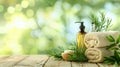 Spa bathroom essentials toiletries, soap, and towel on white spa background for a serene ambiance Royalty Free Stock Photo