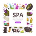 Spa and Beauty Advertising Banner with Rolled Towel and Hot Stone Vector Template