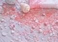 Spa and beauty background.Bath bomb,handmade soap bar,seashells and aromatherapy salt on wooden planks. Royalty Free Stock Photo