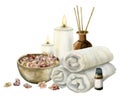 Spa beauty bath accessories. Aroma sticks bottle, scented oil, towels, pink salt in bowl. Watercolor wellness healthcare