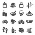 Spa and beauty black silhouette icons set on white. Body care wellness massage sauna pictograms