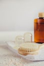 Spa beauty concept. Anti-cellulite massage. Bath Accessories on white stone background, top view, copy space Royalty Free Stock Photo