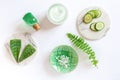 SPA beauty concept fresh aloe and cucumber products - aromatic sea salt, shower gel, skin moisturiser. Concept for spa, beauty and