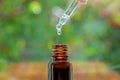 Spa beauty concept. Herbal essential massage oil dripping into bottle. Pipette with essence drop and bottle, closeup on Royalty Free Stock Photo