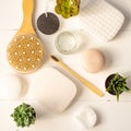 Spa, beauty cosmetics and body care treatment concept. Creative top view flat lay composition with bath accessories green Royalty Free Stock Photo