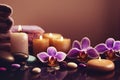 Spa beauty items on a table, massage stones, essential oils, salt, generative ai Royalty Free Stock Photo