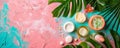 Spa beauty products laid out on a colorful surface with luxurious tropical