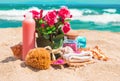 Spa beauty products: towels, soap, shells, sea salt and pink flo Royalty Free Stock Photo