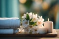 Spa, beauty treatment and wellness background with Towels, Flower and burning candle