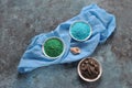 Spa and body care products. Colorful aromatic bath Dead Sea Salt and black Dead Sea Mud. Royalty Free Stock Photo