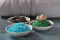 Spa and body care products. Colorful aromatic bath Dead Sea Salt and black Dead Sea Mud. Royalty Free Stock Photo