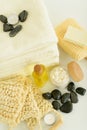 Spa body care products and towels close-up Royalty Free Stock Photo