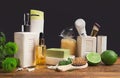 Spa body care products on wooden table Royalty Free Stock Photo