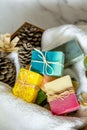 Spa box with organic handmade soap bars with marble background