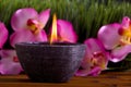 Spa candle and orchid flowers Royalty Free Stock Photo