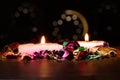 Spa candles and flowers doft light on dark background Royalty Free Stock Photo