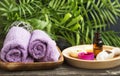 Spa Care with Cotton Towels, Essence and Scent Candles Royalty Free Stock Photo