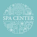 Spa center banner illustration with flat line icons. Essential oils, aromatherapy massage, turkish steam bath hamam Royalty Free Stock Photo