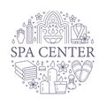 Spa center banner illustration with flat line icons. Essential oils, aromatherapy massage, turkish steam bath hamam Royalty Free Stock Photo