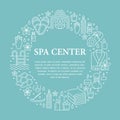 Spa center banner illustration with flat line icons. Essential oils, aromatherapy massage, turkish steam bath hamam