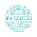 Spa center banner illustration with flat line icons. Essential oils, aromatherapy massage, turkish steam bath hamam Royalty Free Stock Photo