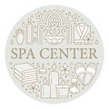 Spa center banner illustration with flat line icons. Essential oils, aromatherapy massage, turkish steam bath hamam