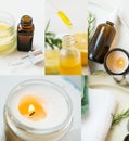 Spa collage with candle, lemon essential oil, face spray bottle, cotton towels, spa collage still life Royalty Free Stock Photo