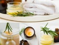 Spa collage with rosemary herb and essential oil, candle , cotton towel and balm salve, spa collage concept Royalty Free Stock Photo