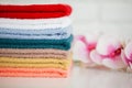 Spa. Colored Cotton Towels Use In Spa Bathroom. Towel Concept. Photo For Hotels and Massage Parlors. Purity and Softness Royalty Free Stock Photo