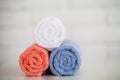 Spa. Colored Cotton Towels Use In Spa Bathroom. Towel Concept. Photo For Hotels and Massage Parlors. Purity and Softness Royalty Free Stock Photo