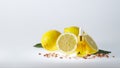 SPA composition. A bottle of face serum with natural lemon essential oil together with a group of lemons on a light background