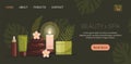 Spa composition. Bottles of cosmetics, body oil, hot stones, lotion, candle and flowers on green background. Web banner