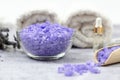 Spa composition. Bowl with lavender sea salt Royalty Free Stock Photo