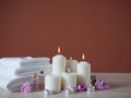 Spa composition with burning aromatic candles Royalty Free Stock Photo