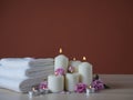 Spa composition with burning aromatic candles Royalty Free Stock Photo